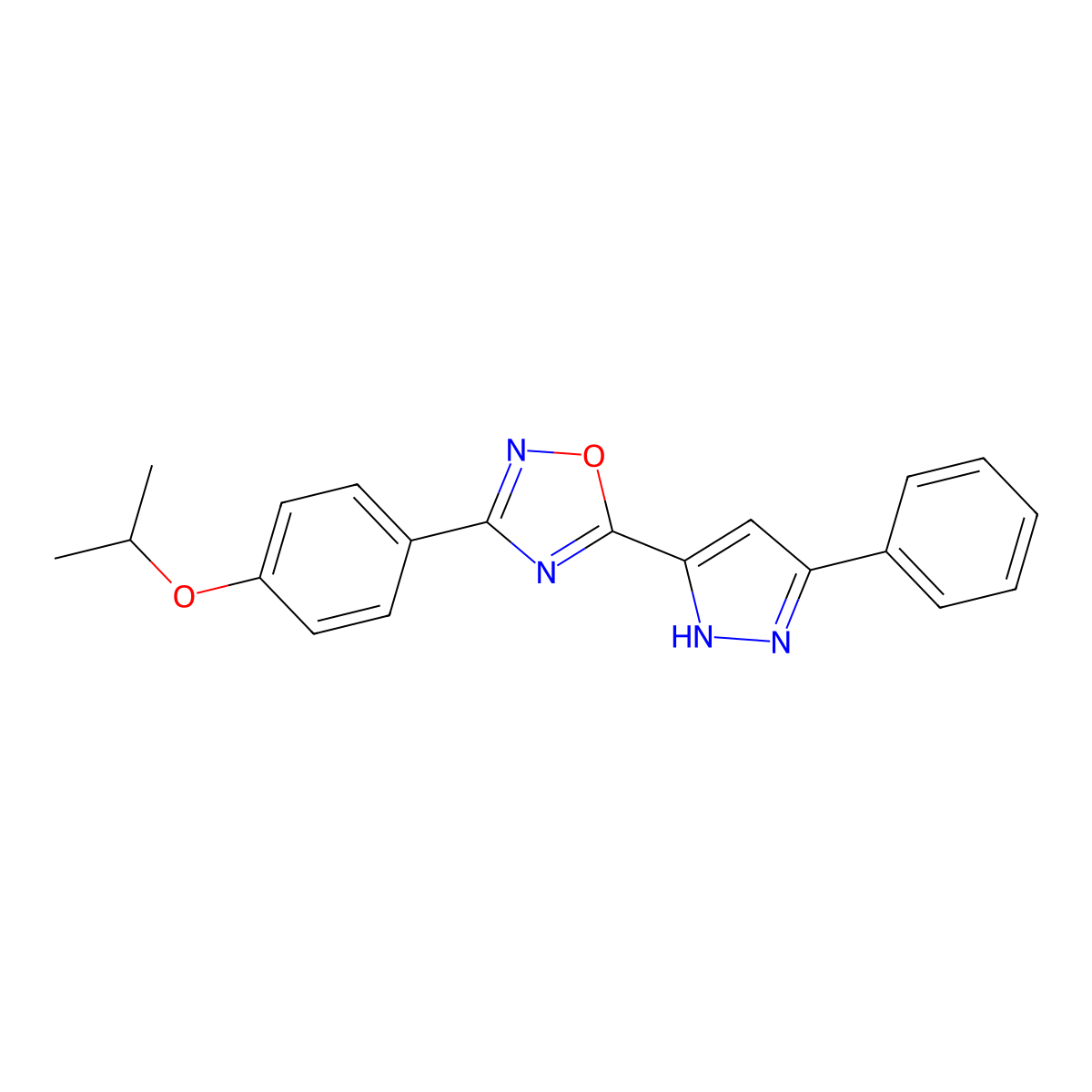 5-(3-phenyl-1H-pyrazol-5-yl)-3-[4-(propan-2-yloxy)phenyl]-1,2,4-oxadiazole molecular structure, CAS 1187634-19-0