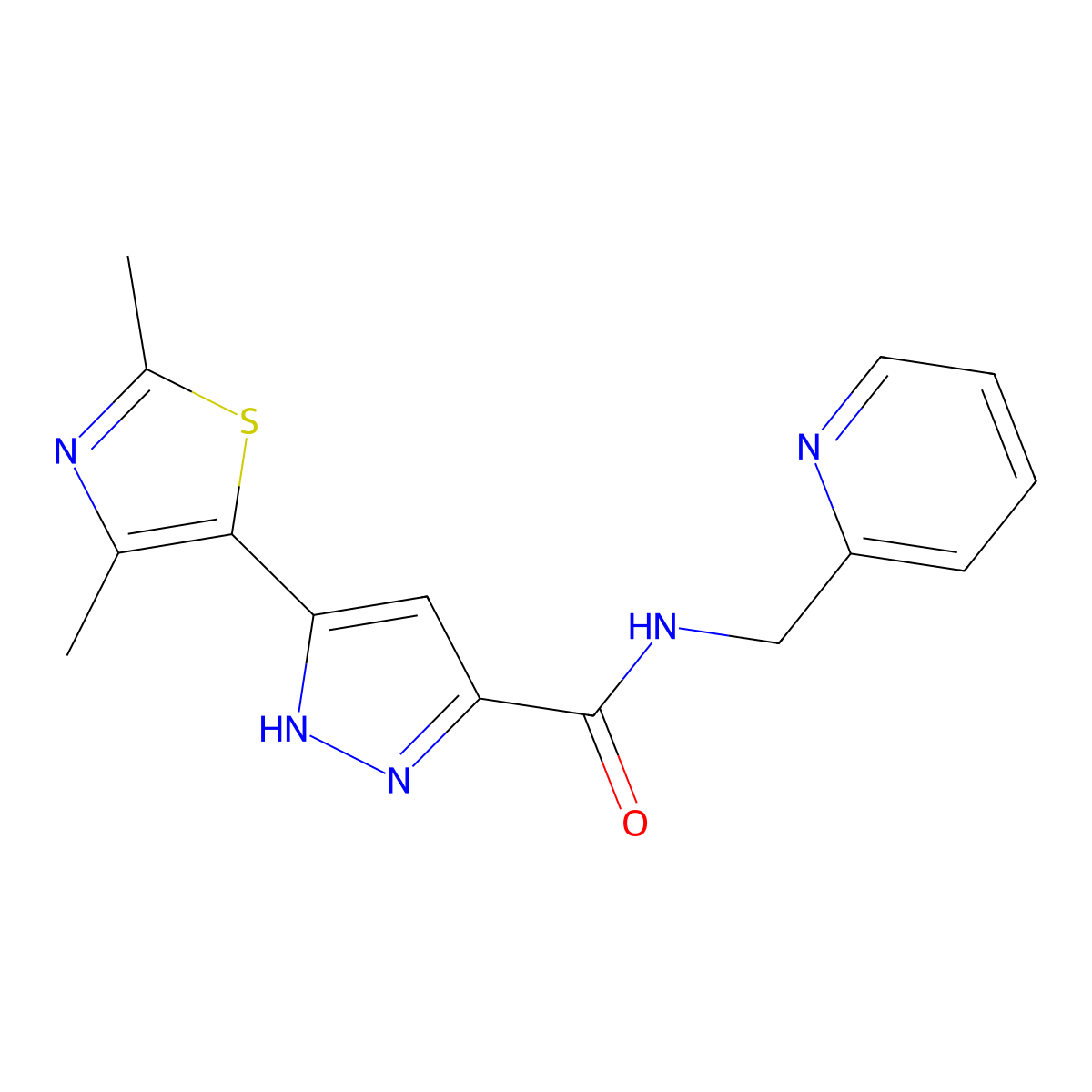 3-(2,4-dimethylthiazol-5-yl)-N-(pyridin-2-ylmethyl)-1H-pyrazole-5-carboxamide molecular structure, CAS 1187634-28-1