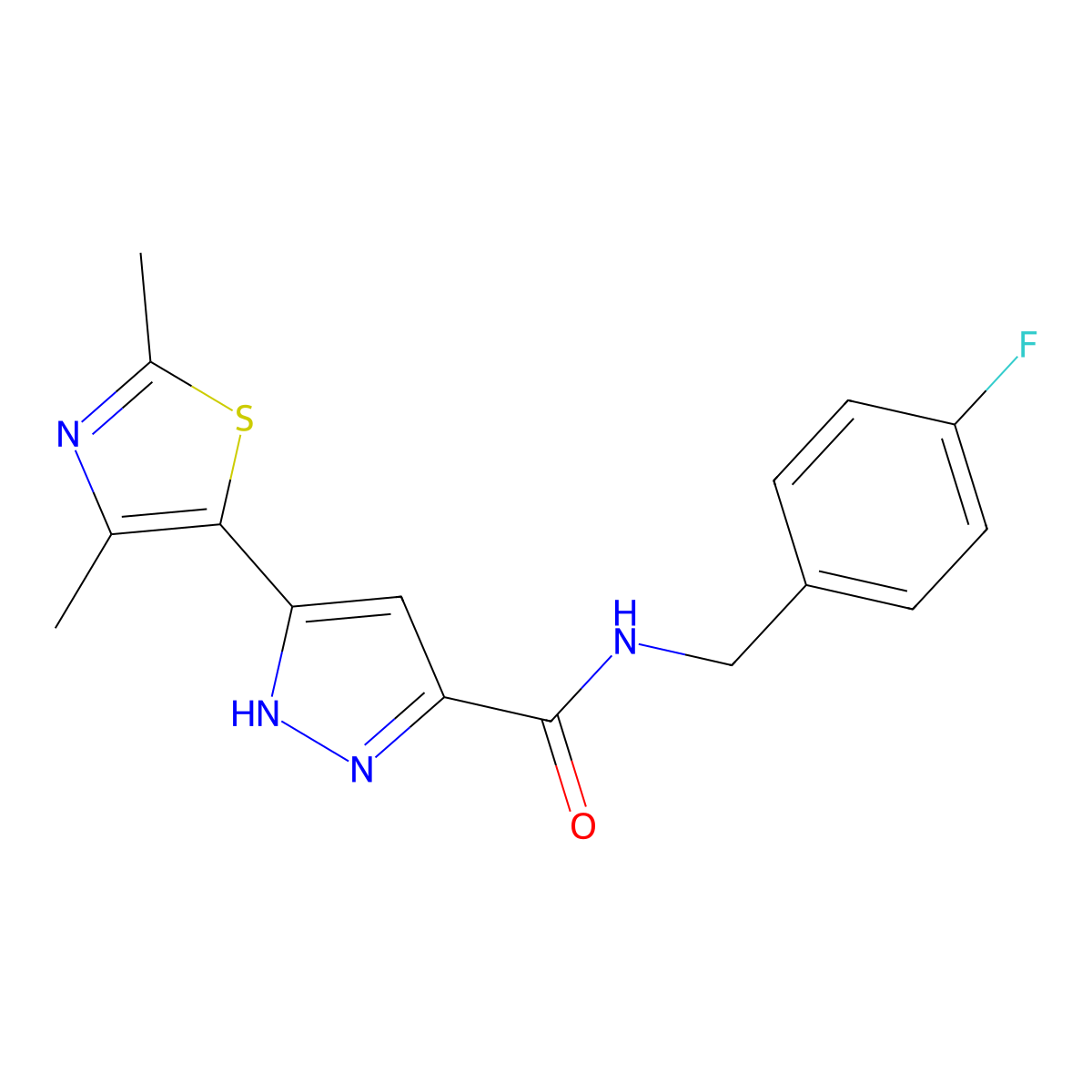 3-(2,4-dimethylthiazol-5-yl)-N-(4-fluorobenzyl)-1H-pyrazole-5-carboxamide molecular structure, CAS 1187634-29-2