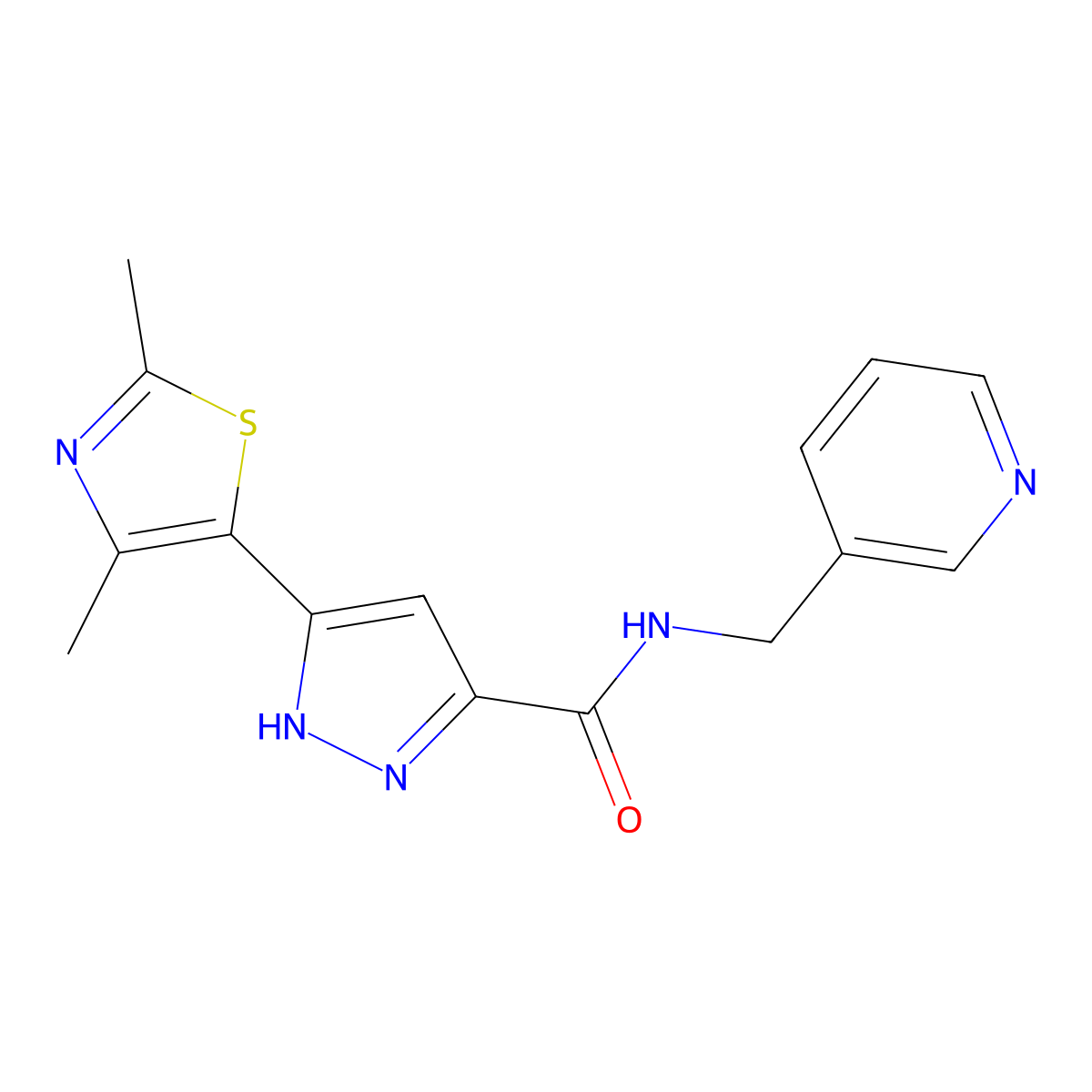 3-(2,4-dimethyl-1,3-thiazol-5-yl)-N-(pyridin-3-ylmethyl)-1H-pyrazole-5-carboxamide molecular structure, CAS 1187634-30-5