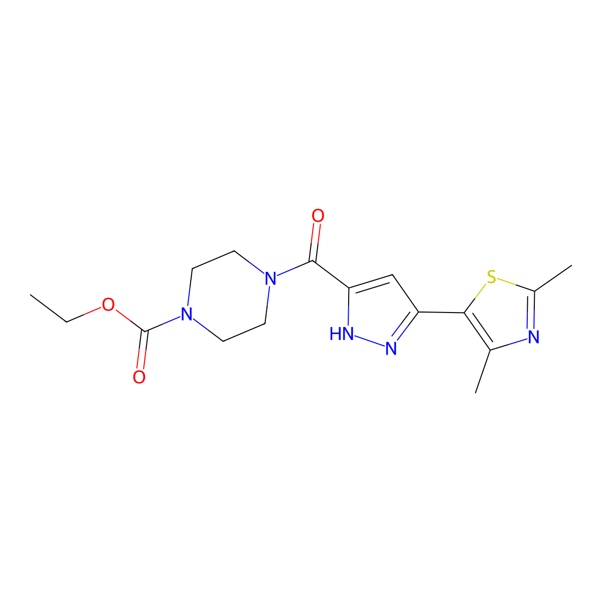 ethyl 4-(3-(2,4-dimethylthiazol-5-yl)-1H-pyrazole-5-carbonyl)piperazine-1-carboxylate molecular structure, CAS 1187634-34-9