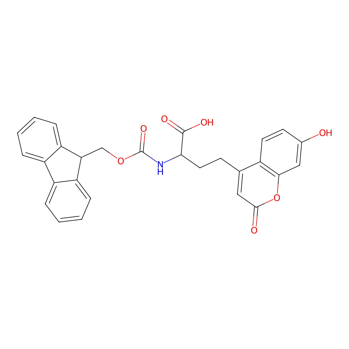 (S)-2-((((9H-Fluoren-9-YL)methoxy)carbonyl)amino)-4-(7-hydroxy-2-oxo-2H-chromen-4-YL)butanoic acid molecular structure, CAS 1187744-84-8