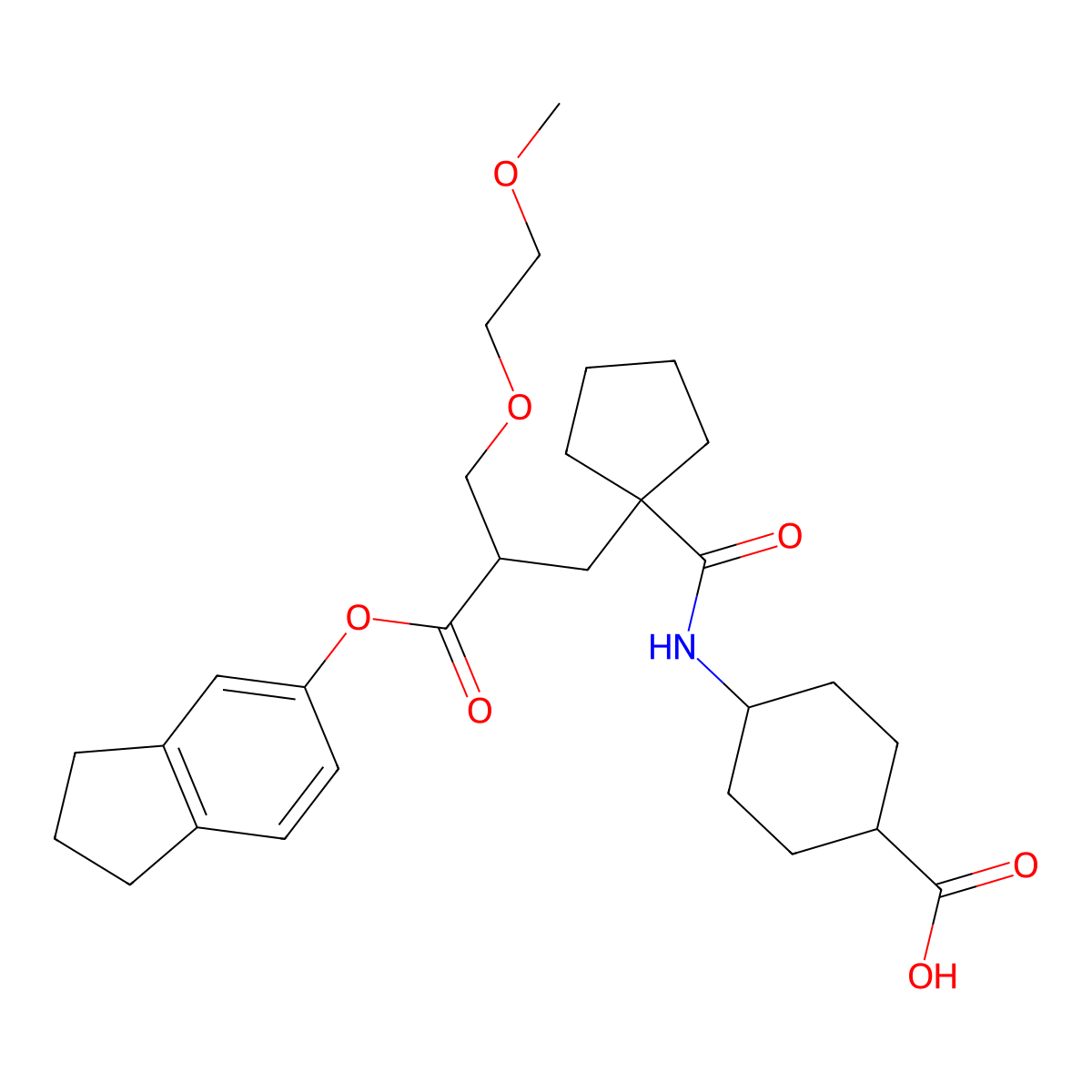 4-[[[1-[3-[(2,3-Dihydro-1H-inden-5-yl)oxy]-2-[(2-methoxyethoxy)methyl]-3-oxopropyl]cyclopentyl]carbonyl]amino]cyclohexanecarboxylic acid molecular structure, CAS 118785-03-8