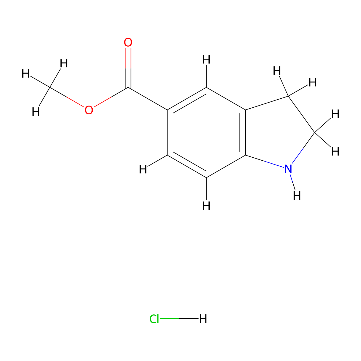 methyl 2,3-dihydro-1H-indole-5-carboxylate hydrochloride molecular structure, CAS 1187928-10-4