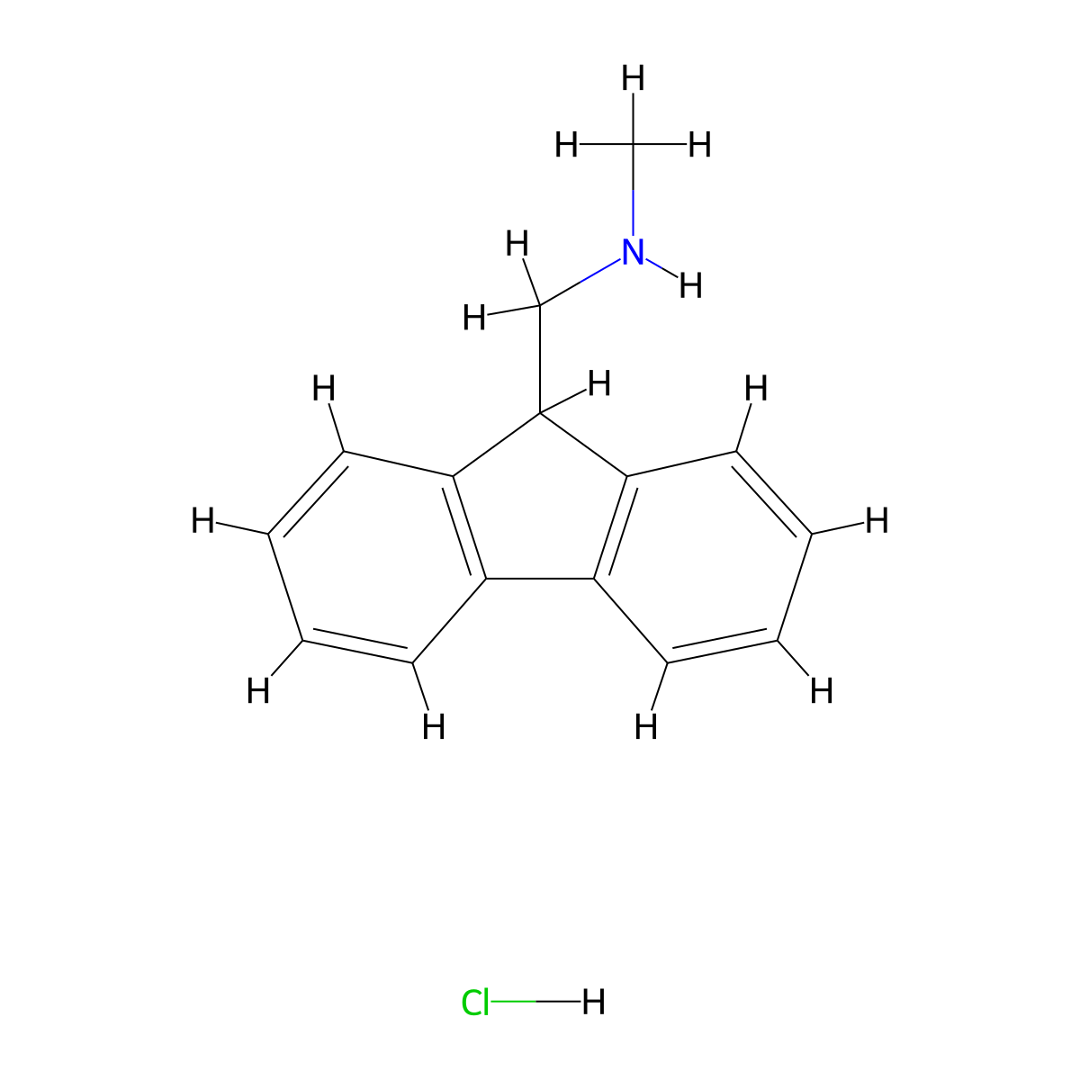 ((9H-fluoren-9-yl)methyl)(methyl)amine hydrochloride molecular structure, CAS 1187930-52-4