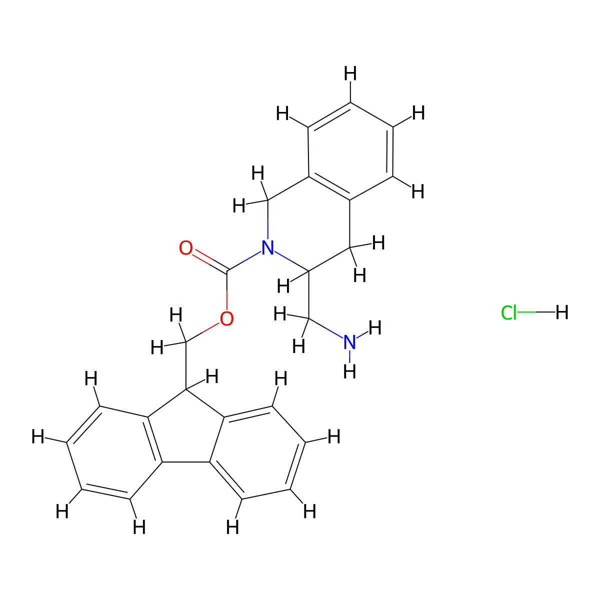 (9H-fluoren-9-yl)methyl 3-(aminomethyl)-1,2,3,4-tetrahydroisoquinoline-2-carboxylate hydrochloride molecular structure, CAS 1187932-19-9