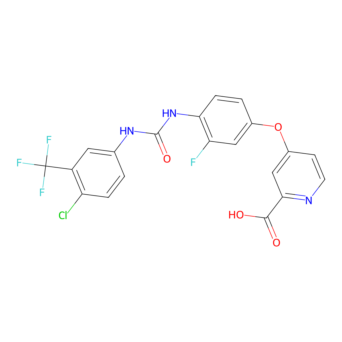 4-(4-(3-(4-Chloro-3-(trifluoromethyl)phenyl)ureido)-3-fluorophenoxy)picolinic acid molecular structure, CAS 1187945-05-6