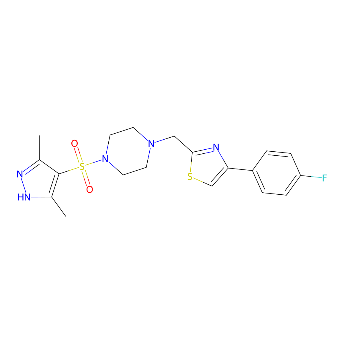 2-((4-((3,5-dimethyl-1H-pyrazol-4-yl)sulfonyl)piperazin-1-yl)methyl)-4-(4-fluorophenyl)thiazole molecular structure, CAS 1187955-44-7