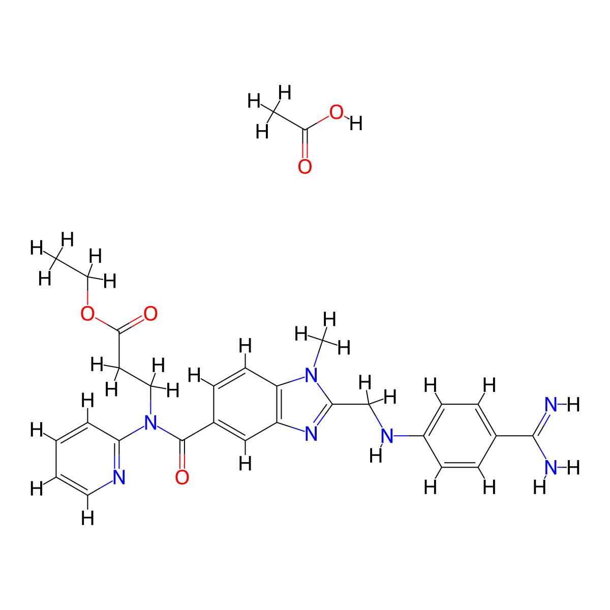 Ethyl 3-(2-(((4-carbamimidoylphenyl)amino)methyl)-1-methyl-N-(pyridin-2-yl)-1H-benzo[d]imidazole-5-carboxamido)propanoate acetate molecular structure, CAS 1188263-64-0
