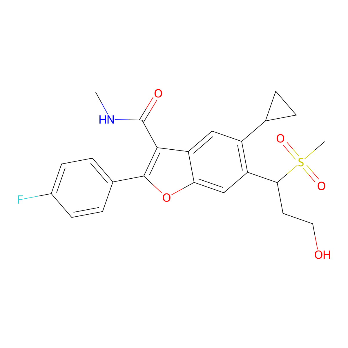 5-Cyclopropyl-2-(4-fluorophenyl)-6-[3-hydroxy-1-(methylsulfonyl)propyl]-N-methyl-3-benzofurancarboxamide molecular structure, CAS 1188265-96-4