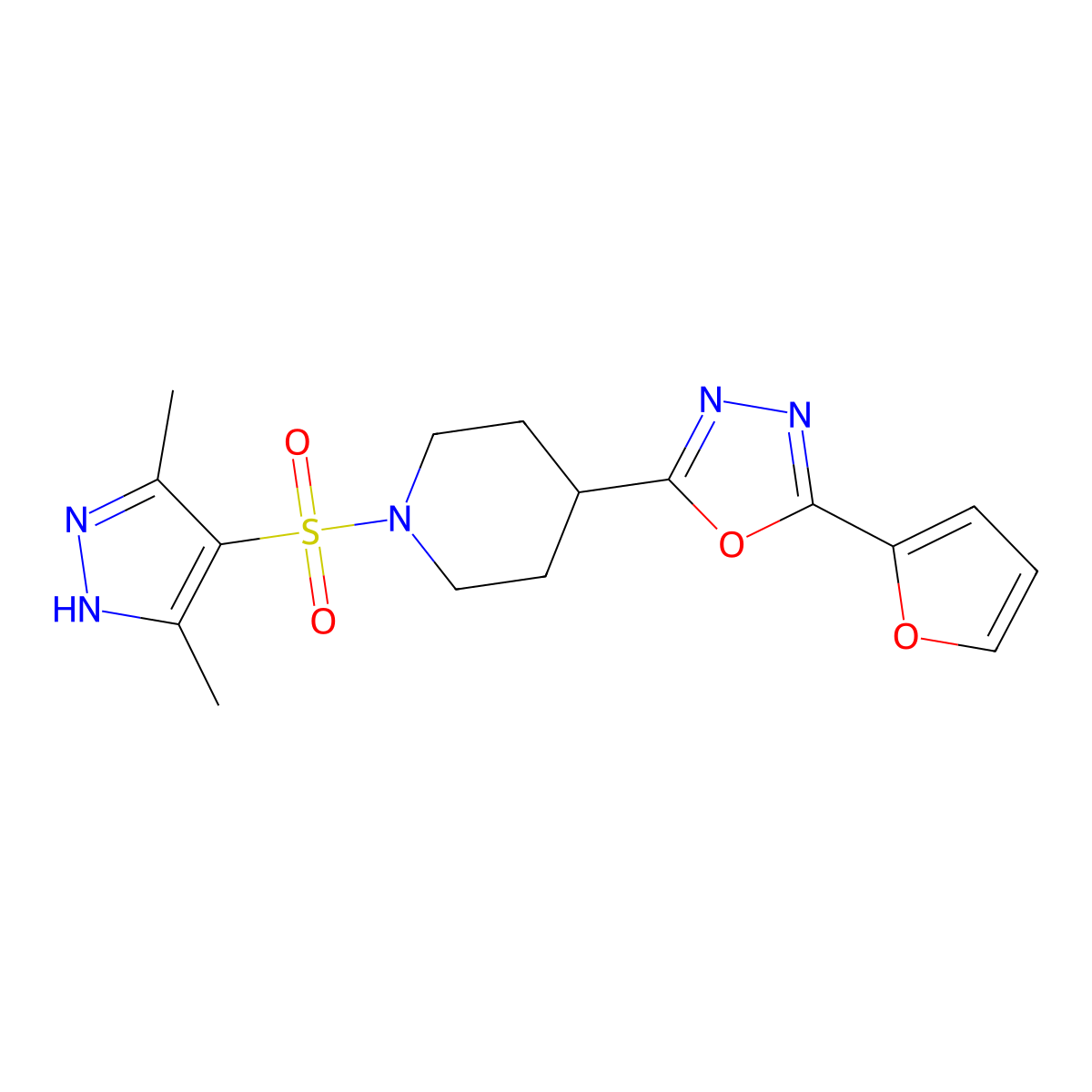 2-(1-((3,5-dimethyl-1H-pyrazol-4-yl)sulfonyl)piperidin-4-yl)-5-(furan-2-yl)-1,3,4-oxadiazole molecular structure, CAS 1188274-03-4