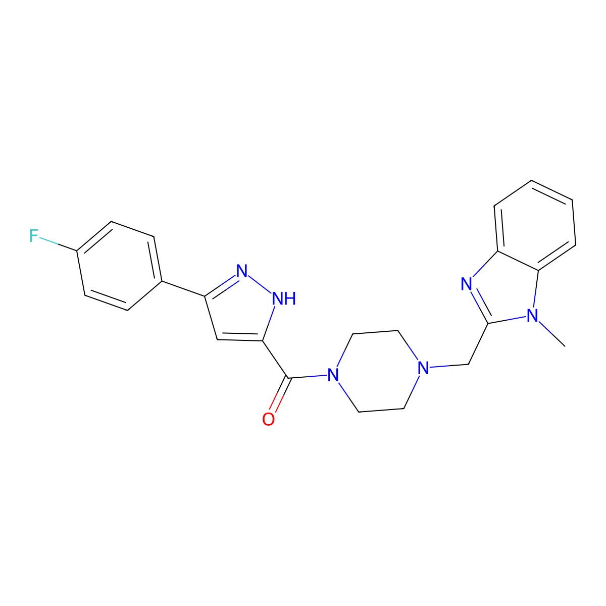 (3-(4-fluorophenyl)-1H-pyrazol-5-yl)(4-((1-methyl-1H-benzo[d]imidazol-2-yl)methyl)piperazin-1-yl)methanone molecular structure, CAS 1188274-37-4