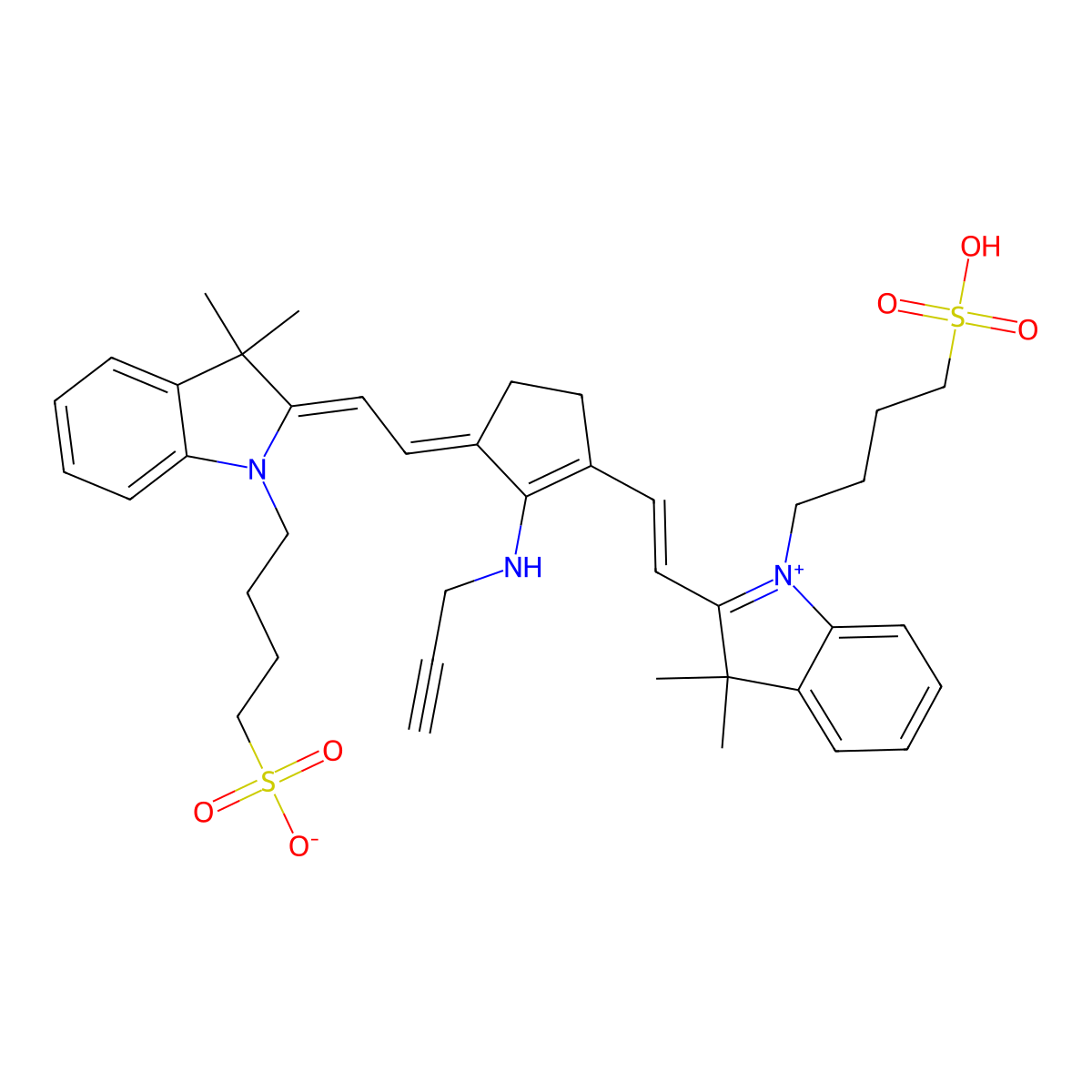 4-[2-[2-[3-[(E)-2-[3,3-dimethyl-1-(4-sulfobutyl)indol-1-ium-2-yl]ethenyl]-2-(prop-2-ynylamino)cyclopent-2-en-1-ylidene]ethylidene]-3,3-dimethylindol-1-yl]butane-1-sulfonate molecular structure, CAS 1188292-54-7
