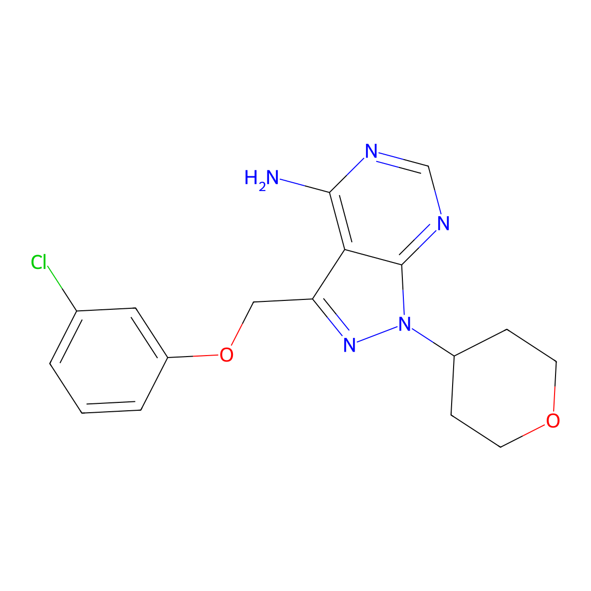 3-((3-Chlorophenoxy)methyl)-1-(tetrahydro-2H-pyran-4-yl)-1H-pyrazolo(3,4-d)pyrimidin-4-amine molecular structure, CAS 1188296-52-7