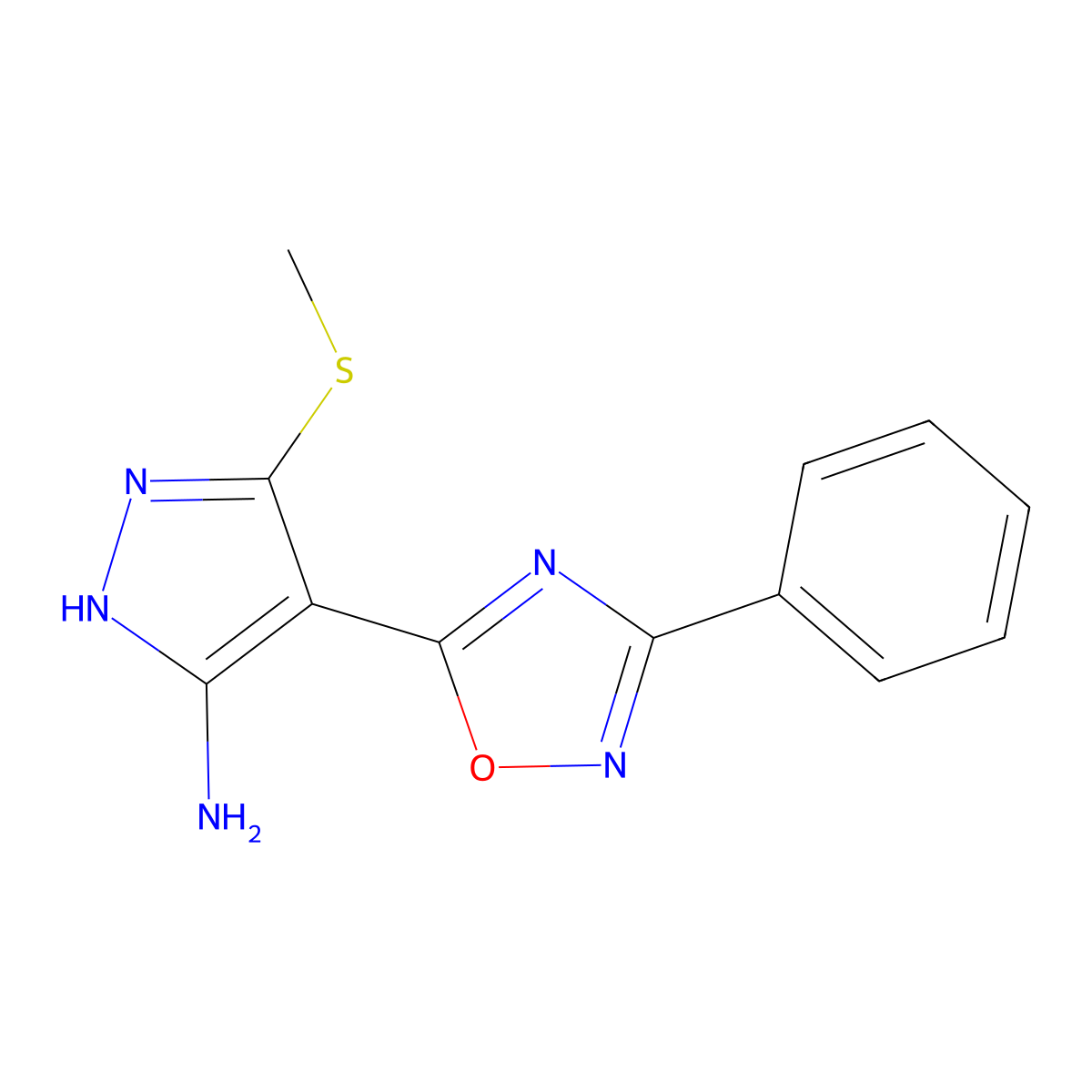 3-(methylsulfanyl)-4-(3-phenyl-1,2,4-oxadiazol-5-yl)-1H-pyrazol-5-amine molecular structure, CAS 1188304-89-3