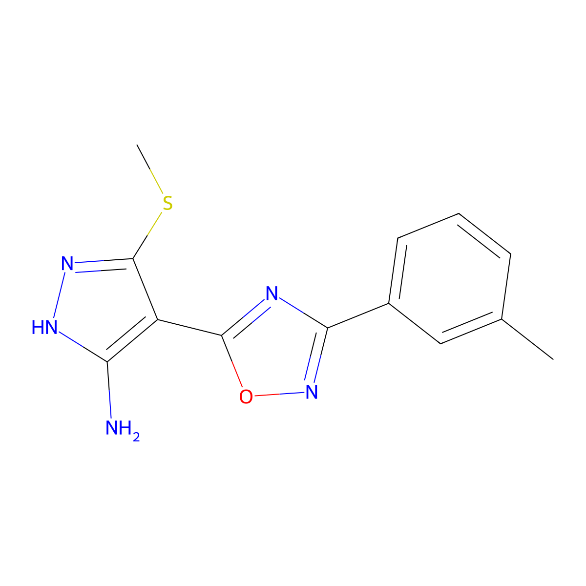 3-(methylthio)-4-(3-(m-tolyl)-1,2,4-oxadiazol-5-yl)-1H-pyrazol-5-amine molecular structure, CAS 1188304-91-7