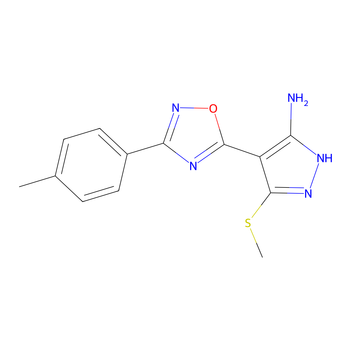 4-[3-(4-methylphenyl)-1,2,4-oxadiazol-5-yl]-3-(methylsulfanyl)-1H-pyrazol-5-amine molecular structure, CAS 1188304-92-8