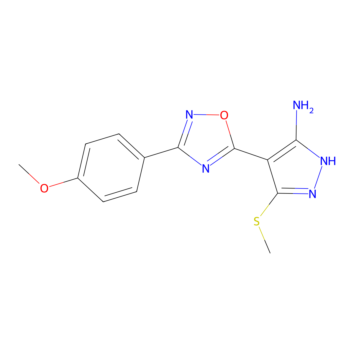 4-[3-(4-methoxyphenyl)-1,2,4-oxadiazol-5-yl]-3-(methylsulfanyl)-1H-pyrazol-5-amine molecular structure, CAS 1188304-93-9
