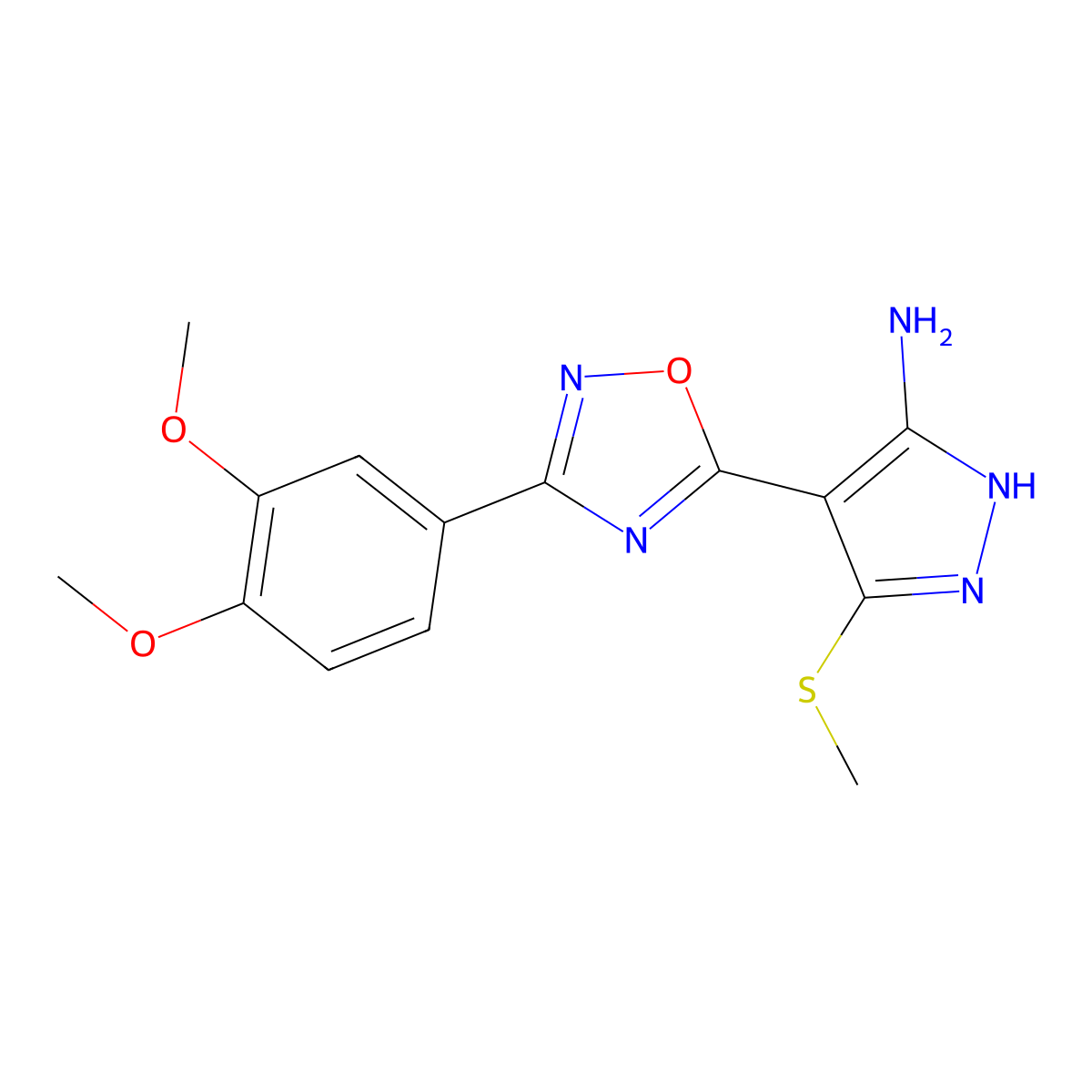 4-(3-(3,4-dimethoxyphenyl)-1,2,4-oxadiazol-5-yl)-3-(methylthio)-1H-pyrazol-5-amine molecular structure, CAS 1188304-94-0
