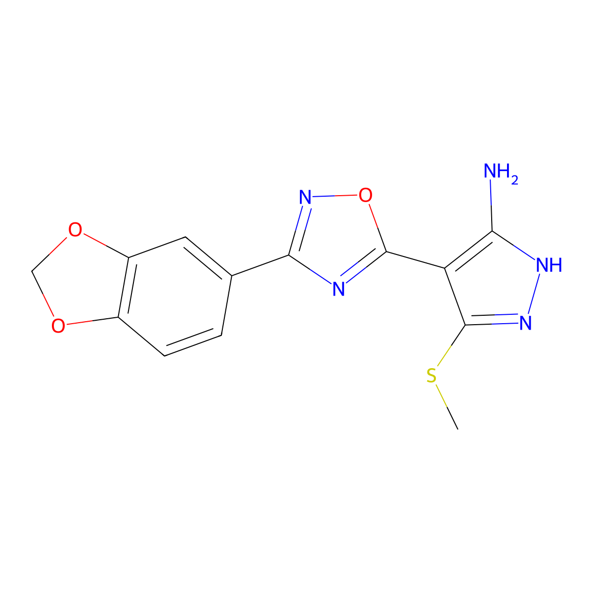 4-(3-(benzo[d][1,3]dioxol-5-yl)-1,2,4-oxadiazol-5-yl)-3-(methylthio)-1H-pyrazol-5-amine molecular structure, CAS 1188304-95-1
