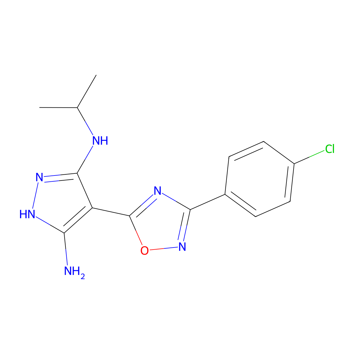 4-[3-(4-Chlorophenyl)-1,2,4-oxadiazol-5-yl]-3-N-(propan-2-yl)-1H-pyrazole-3,5-diamine molecular structure, CAS 1188305-13-6