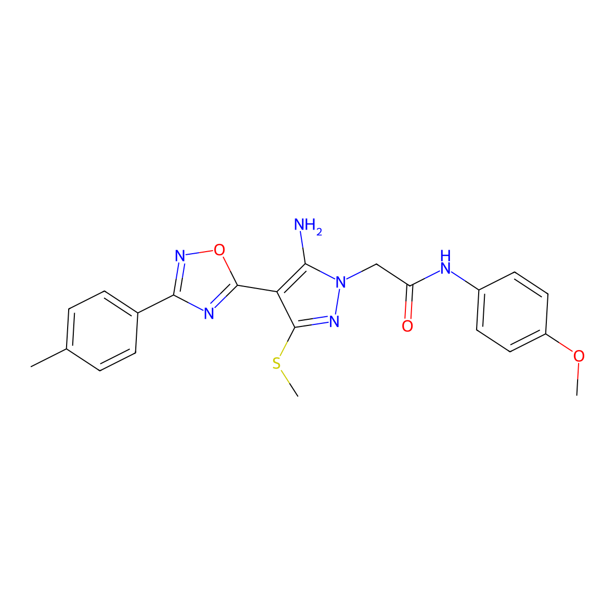 2-{5-amino-4-[3-(4-methylphenyl)-1,2,4-oxadiazol-5-yl]-3-(methylsulfanyl)-1H-pyrazol-1-yl}-N-(4-methoxyphenyl)acetamide molecular structure, CAS 1188305-27-2