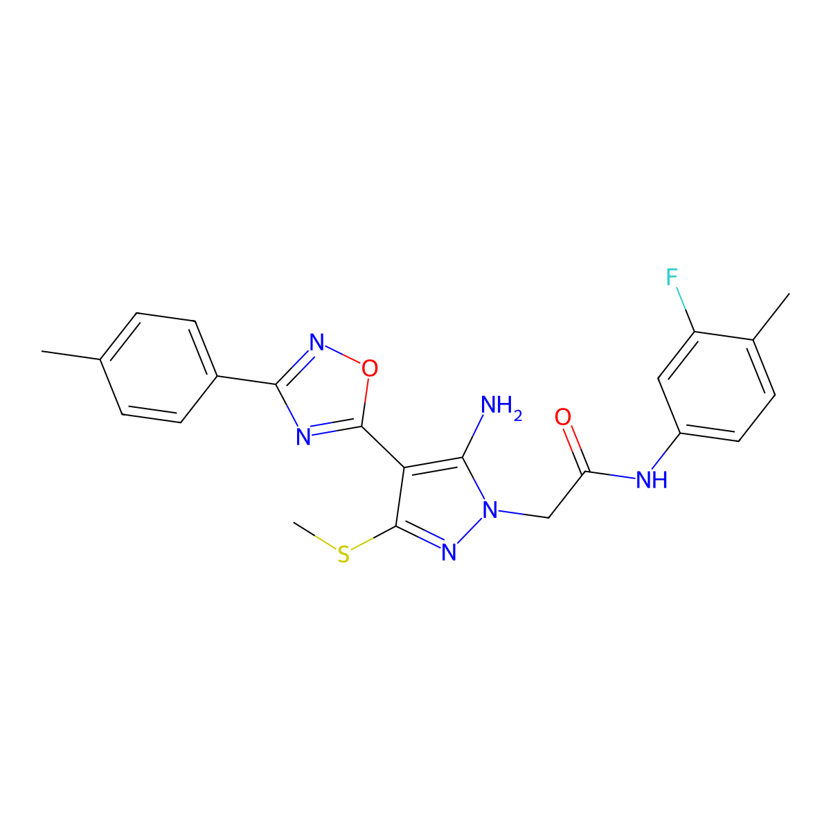 2-{5-amino-4-[3-(4-methylphenyl)-1,2,4-oxadiazol-5-yl]-3-(methylsulfanyl)-1H-pyrazol-1-yl}-N-(3-fluoro-4-methylphenyl)acetamide molecular structure, CAS 1188305-28-3