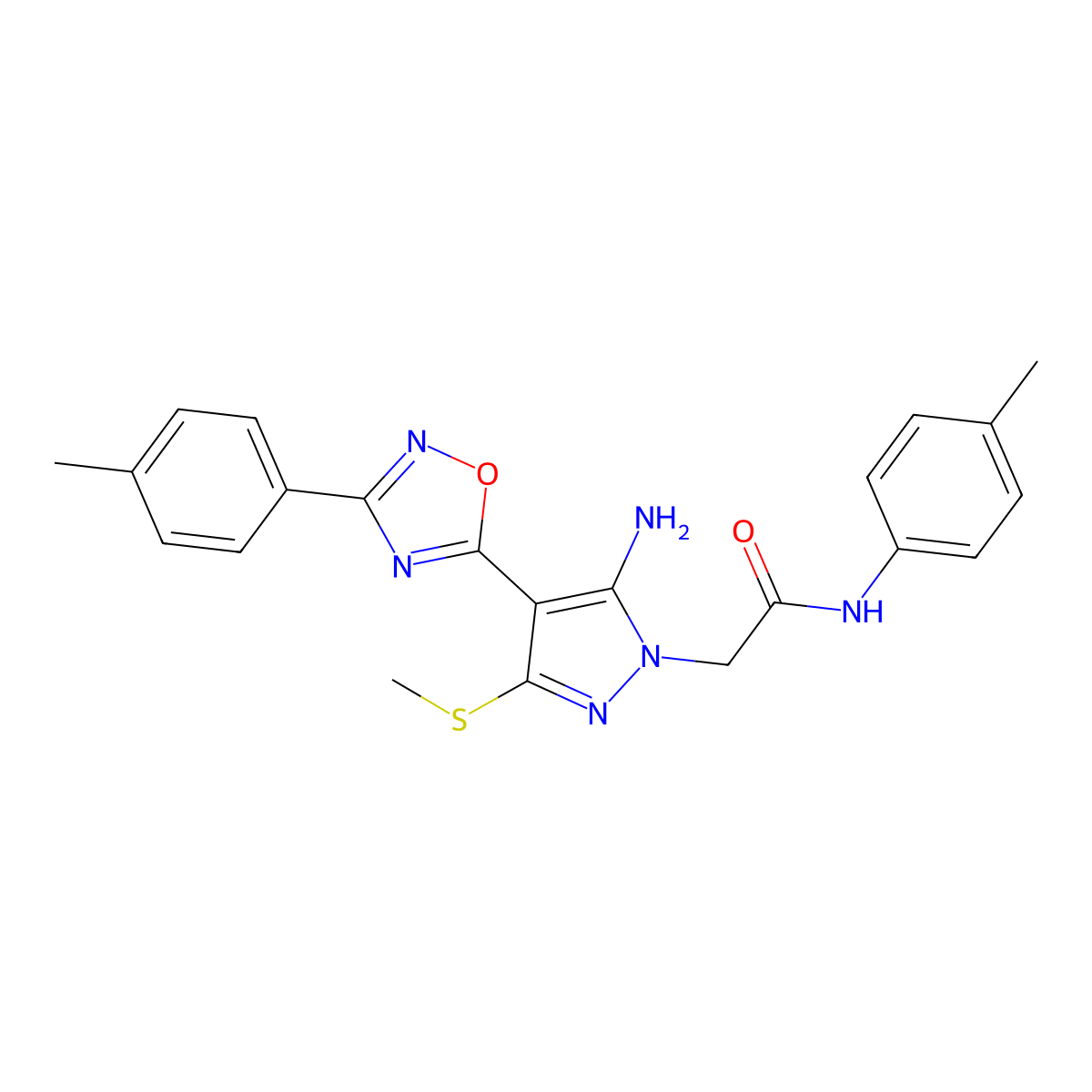 2-{5-amino-4-[3-(4-methylphenyl)-1,2,4-oxadiazol-5-yl]-3-(methylsulfanyl)-1H-pyrazol-1-yl}-N-(4-methylphenyl)acetamide molecular structure, CAS 1188305-29-4