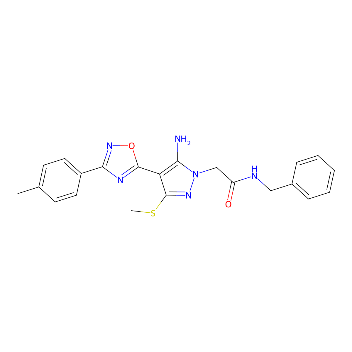 2-{5-amino-4-[3-(4-methylphenyl)-1,2,4-oxadiazol-5-yl]-3-(methylsulfanyl)-1H-pyrazol-1-yl}-N-benzylacetamide molecular structure, CAS 1188305-32-9