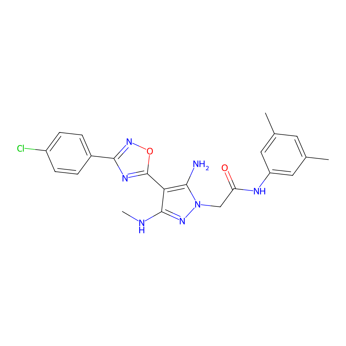 2-(5-amino-4-(3-(4-chlorophenyl)-1,2,4-oxadiazol-5-yl)-3-(methylamino)-1H-pyrazol-1-yl)-N-(3,5-dimethylphenyl)acetamide molecular structure, CAS 1188305-37-4