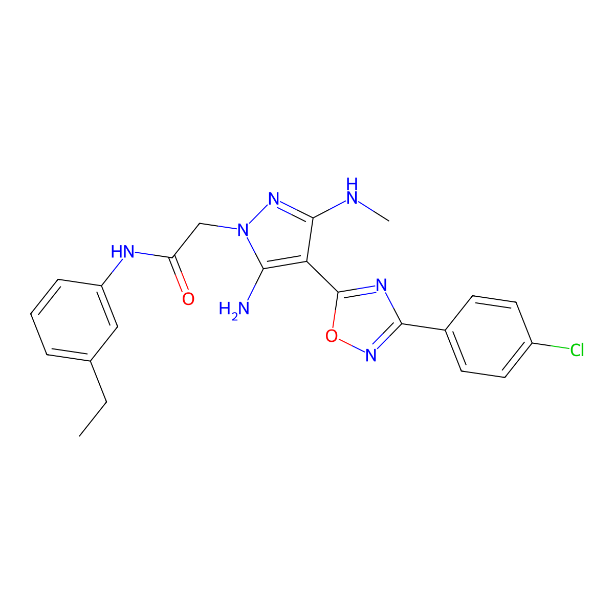 2-(5-amino-4-(3-(4-chlorophenyl)-1,2,4-oxadiazol-5-yl)-3-(methylamino)-1H-pyrazol-1-yl)-N-(3-ethylphenyl)acetamide molecular structure, CAS 1188305-38-5