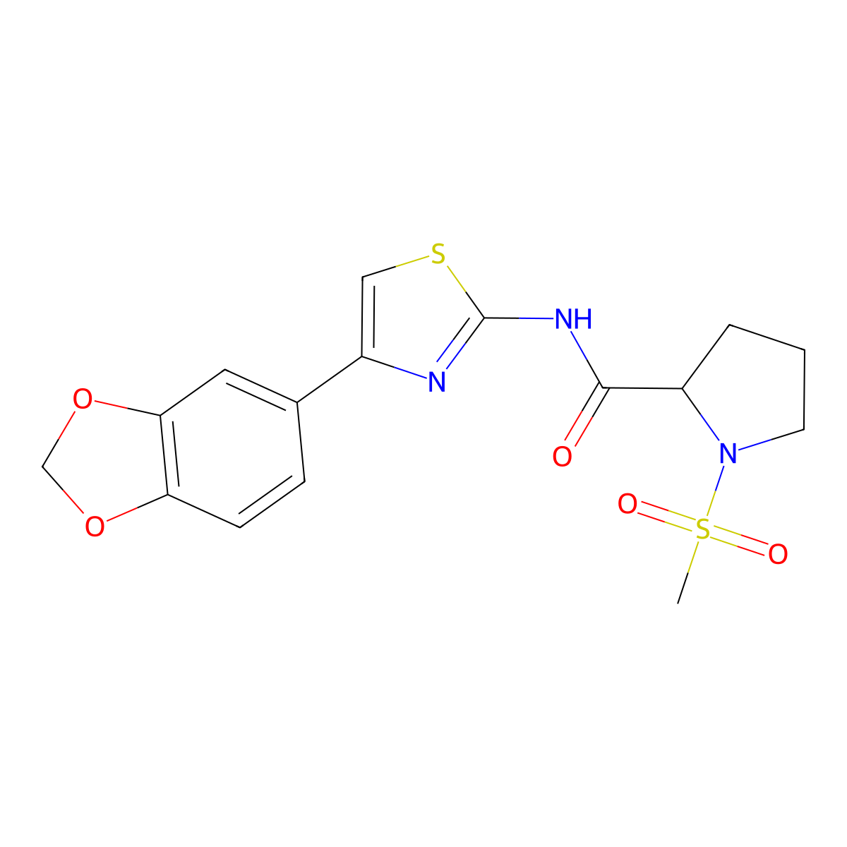 N-(4-(benzo[d][1,3]dioxol-5-yl)thiazol-2-yl)-1-(methylsulfonyl)pyrrolidine-2-carboxamide molecular structure, CAS 1188363-01-0