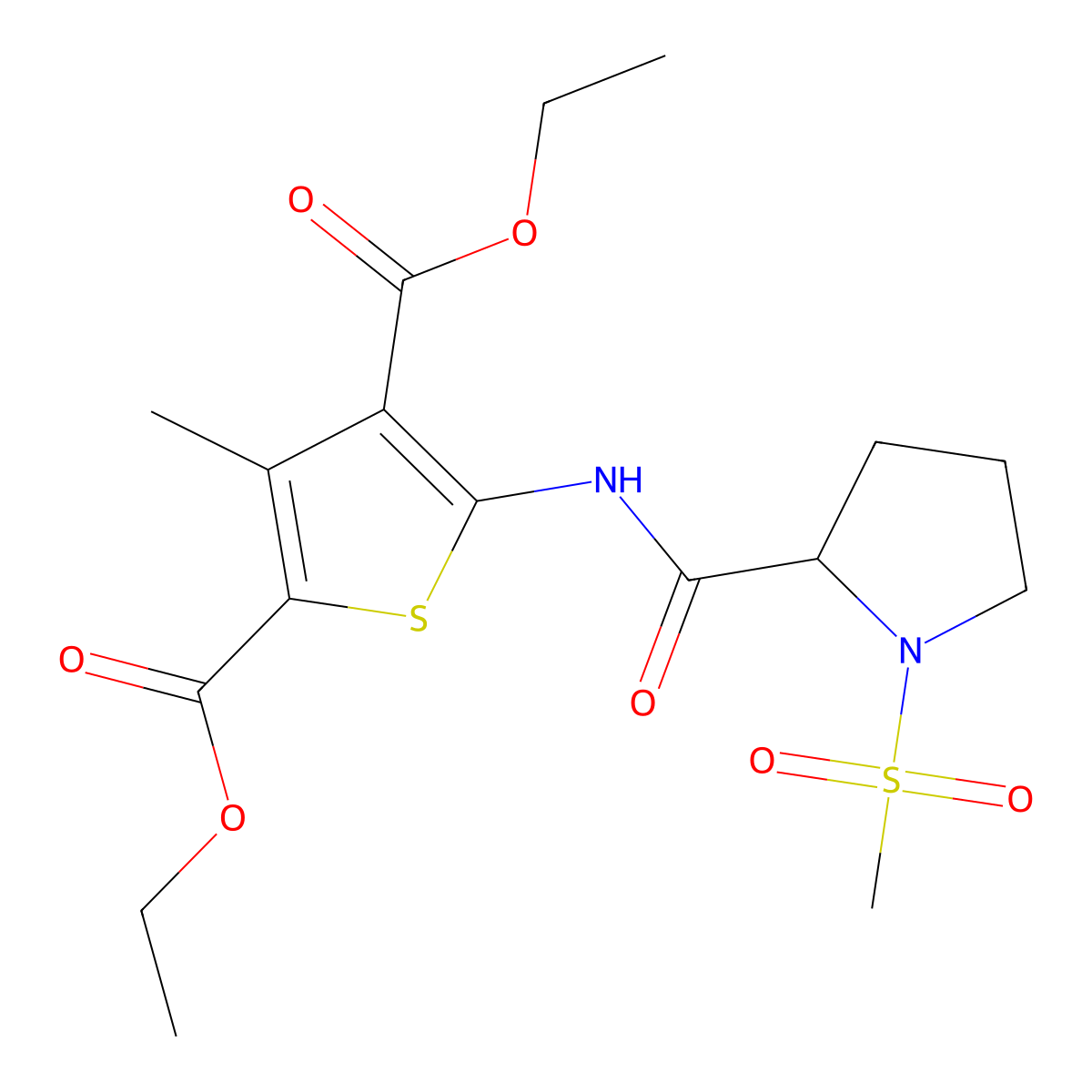Diethyl 3-methyl-5-(1-(methylsulfonyl)pyrrolidine-2-carboxamido)thiophene-2,4-dicarboxylate molecular structure, CAS 1188363-02-1