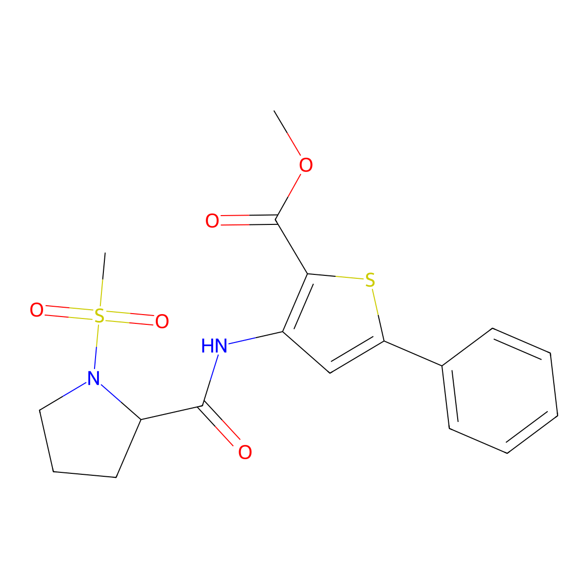 Methyl 3-(1-(methylsulfonyl)pyrrolidine-2-carboxamido)-5-phenylthiophene-2-carboxylate molecular structure, CAS 1188363-03-2