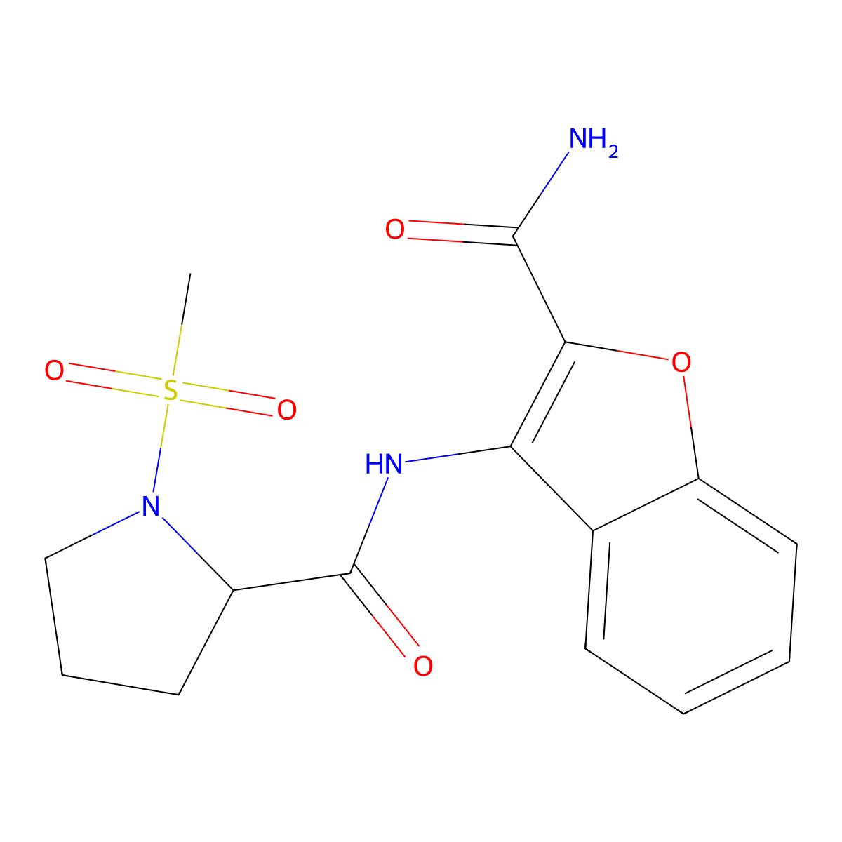 N-(2-carbamoylbenzofuran-3-yl)-1-(methylsulfonyl)pyrrolidine-2-carboxamide molecular structure, CAS 1188363-05-4
