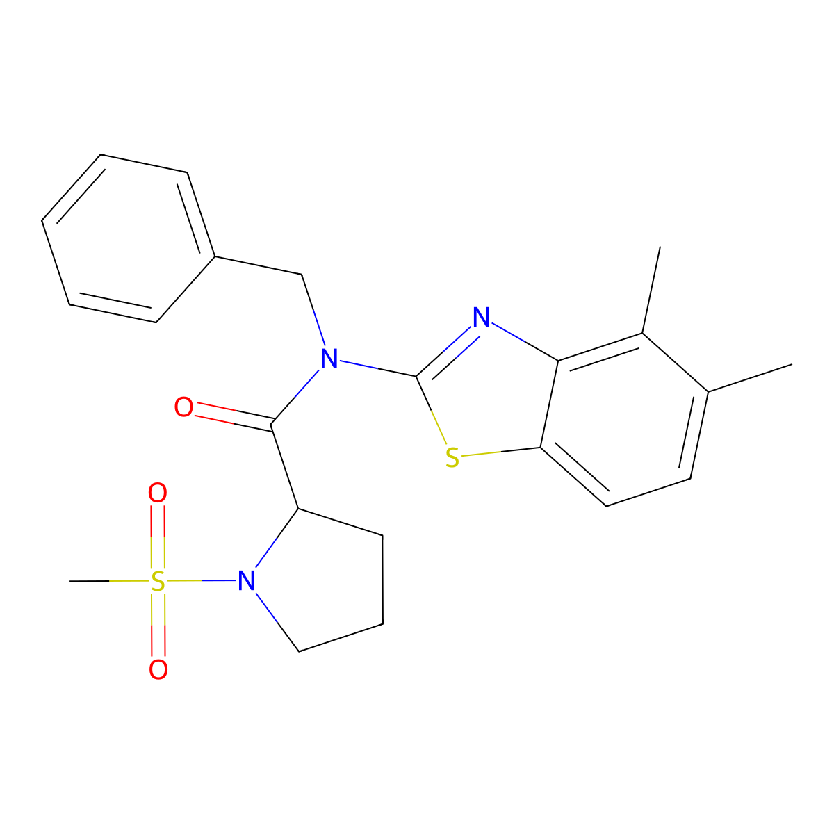N-benzyl-N-(4,5-dimethylbenzo[d]thiazol-2-yl)-1-(methylsulfonyl)pyrrolidine-2-carboxamide molecular structure, CAS 1188363-14-5