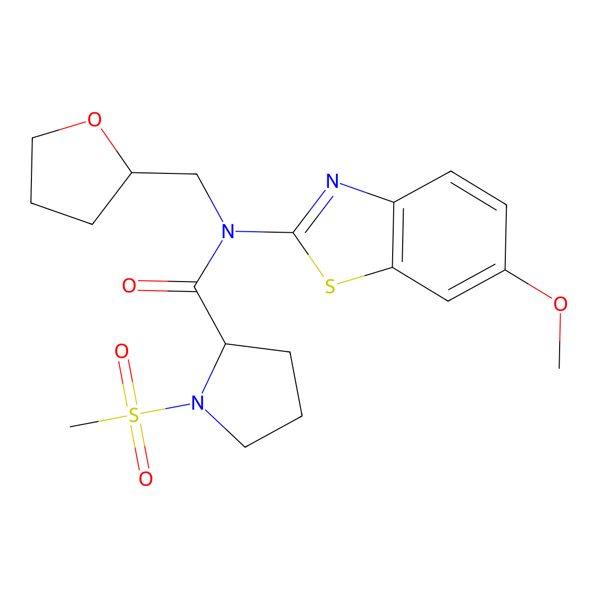 N-(6-methoxybenzo[d]thiazol-2-yl)-1-(methylsulfonyl)-N-((tetrahydrofuran-2-yl)methyl)pyrrolidine-2-carboxamide molecular structure, CAS 1188363-15-6