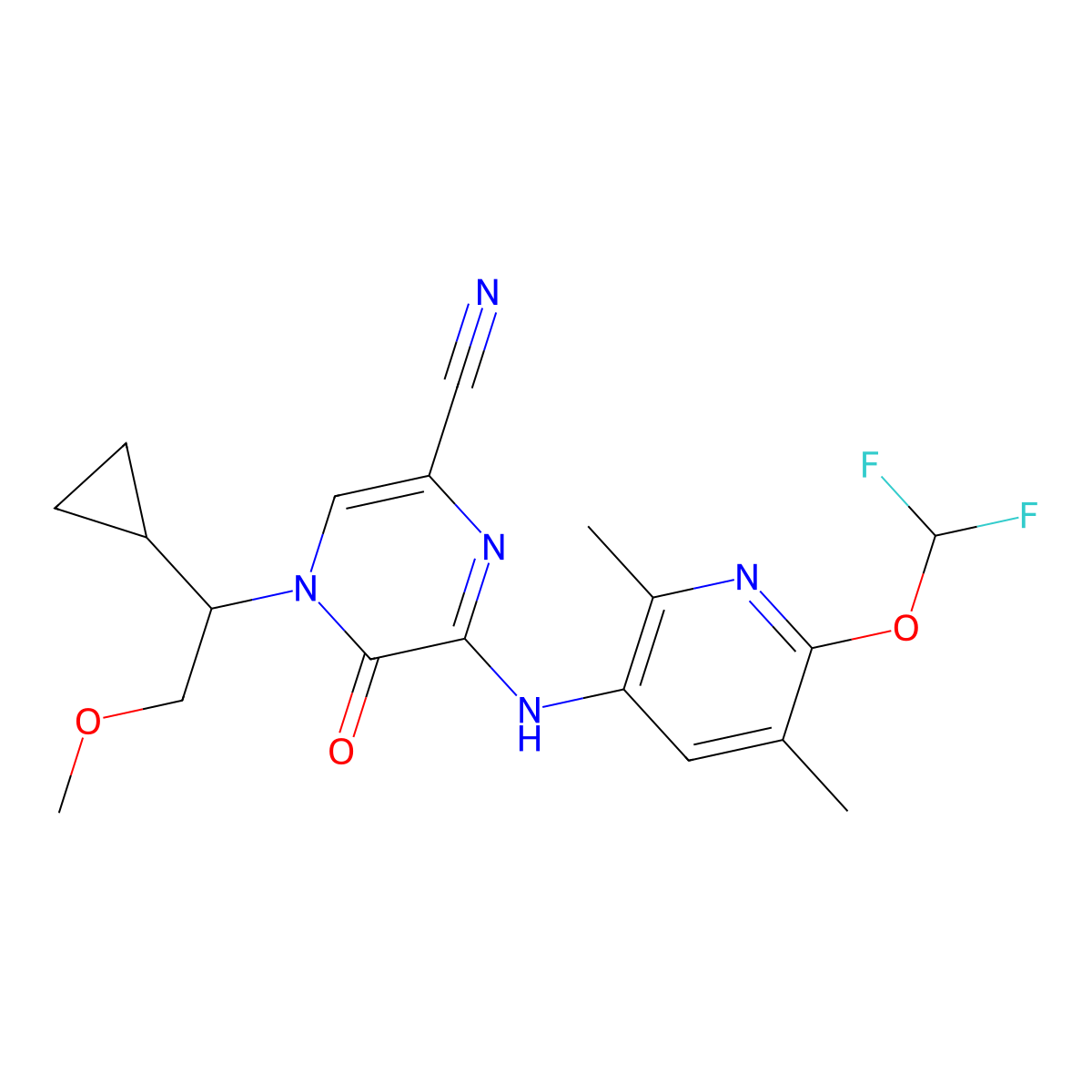 2-Pyrazinecarbonitrile,4-[(1S)-1-cyclopropyl-2-methoxyethyl]-6-[[6-(difluoromethoxy)-2,5-dimethyl-3-pyridinyl]amino]-4,5-dihydro-5-oxo- molecular structure, CAS 1188407-45-5