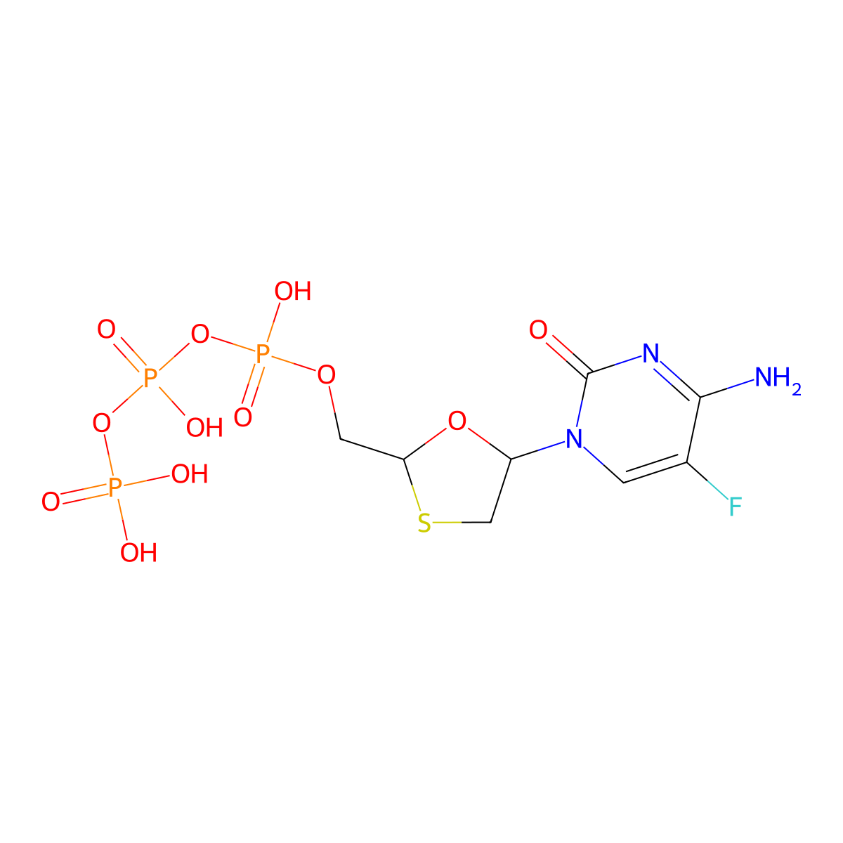 [[(2r,5s)-5-(4-Azanyl-5-Fluoranyl-2-Oxidanylidene-Pyrimidin-1-Yl)-1,3-Oxathiolan-2-Yl]methoxy-Oxidanyl-Phosphoryl] Phosphono Hydrogen Phosphate molecular structure, CAS 1188407-46-6