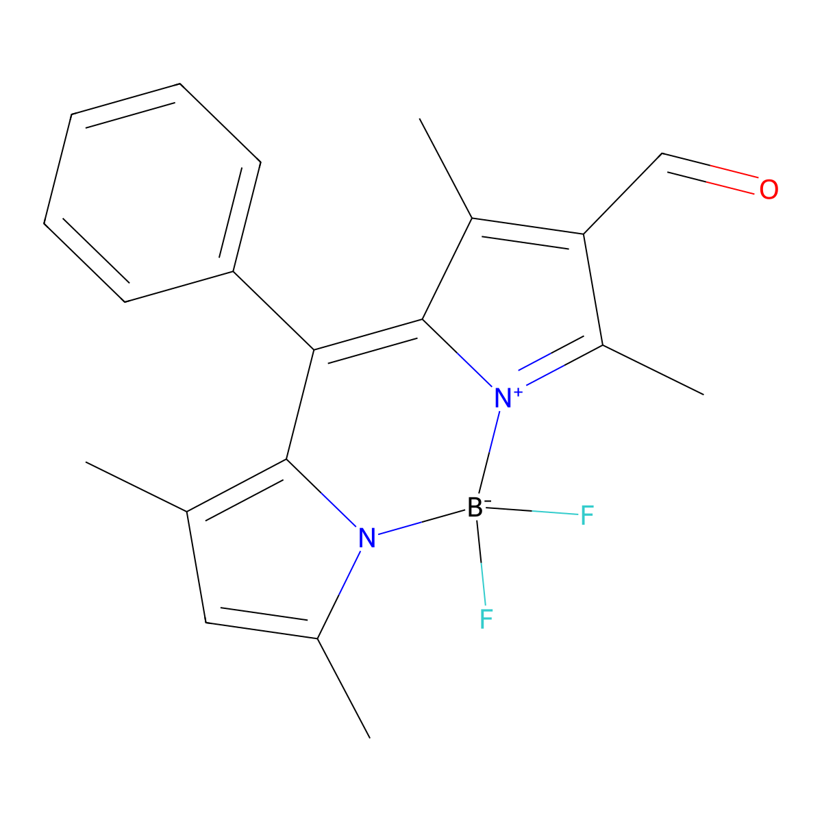 5,5-Difluoro-8-formyl-1,3,7,9-tetramethyl-10-phenyl-5H-dipyrrolo[1,2-c:2',1'-f][1,3,2]diazaborinin-4-ium-5-uide molecular structure, CAS 1189166-58-2