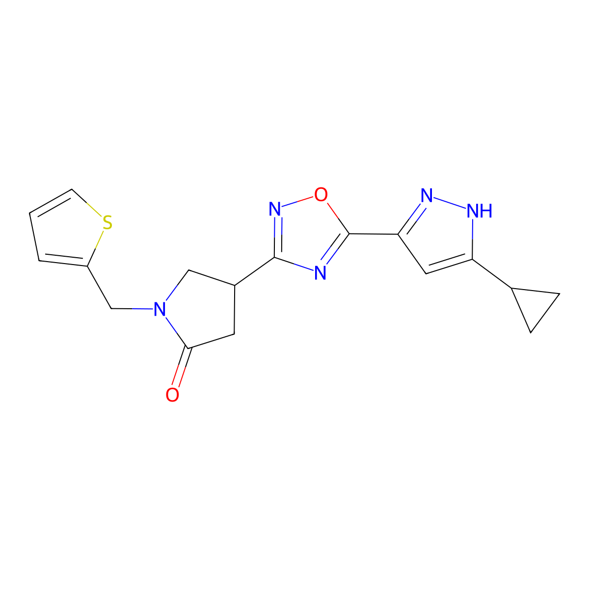 4-(5-(3-cyclopropyl-1H-pyrazol-5-yl)-1,2,4-oxadiazol-3-yl)-1-(thiophen-2-ylmethyl)pyrrolidin-2-one molecular structure, CAS 1189241-14-2