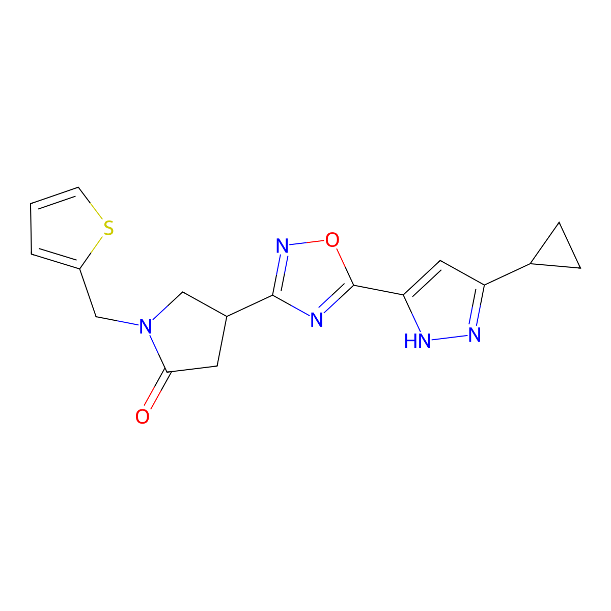 4-(5-(3-cyclopropyl-1H-pyrazol-5-yl)-1,2,4-oxadiazol-3-yl)-1-(thiophen-2-ylmethyl)pyrrolidin-2-one molecular structure, CAS 1189241-14-2