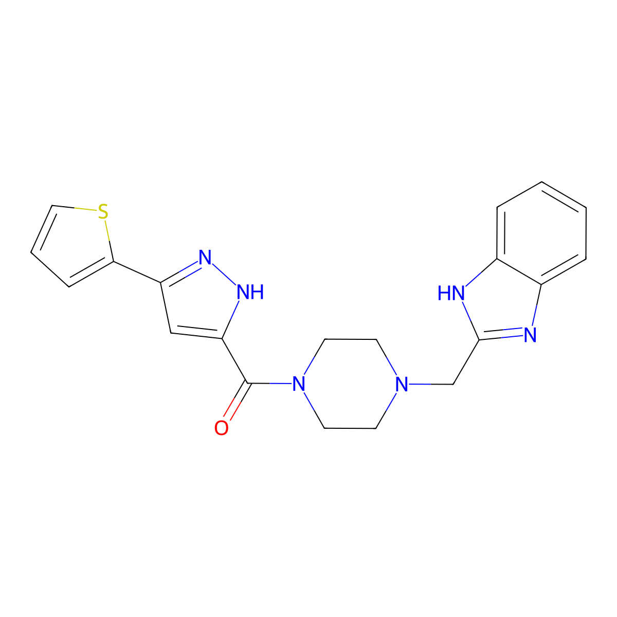 (4-((1H-benzo[d]imidazol-2-yl)methyl)piperazin-1-yl)(3-(thiophen-2-yl)-1H-pyrazol-5-yl)methanone molecular structure, CAS 1189241-17-5