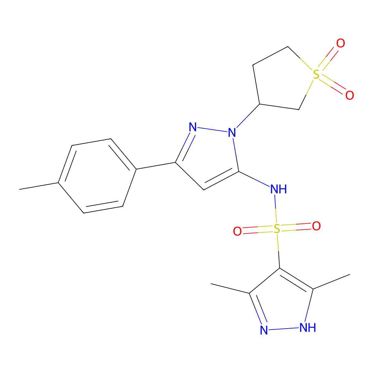N-(1-(1,1-dioxidotetrahydrothiophen-3-yl)-3-(p-tolyl)-1H-pyrazol-5-yl)-3,5-dimethyl-1H-pyrazole-4-sulfonamide molecular structure, CAS 1189242-32-7