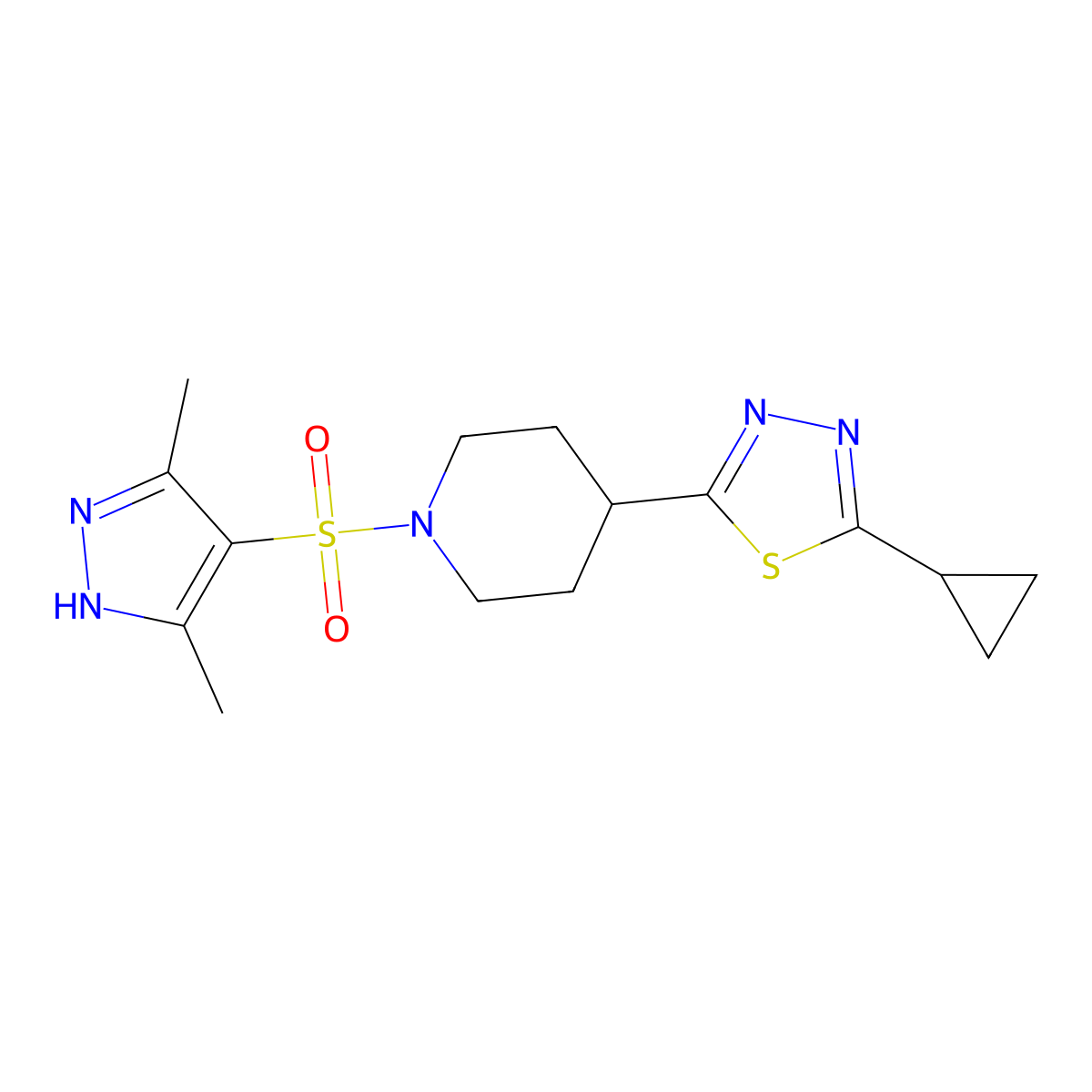 2-cyclopropyl-5-(1-((3,5-dimethyl-1H-pyrazol-4-yl)sulfonyl)piperidin-4-yl)-1,3,4-thiadiazole molecular structure, CAS 1189315-49-8