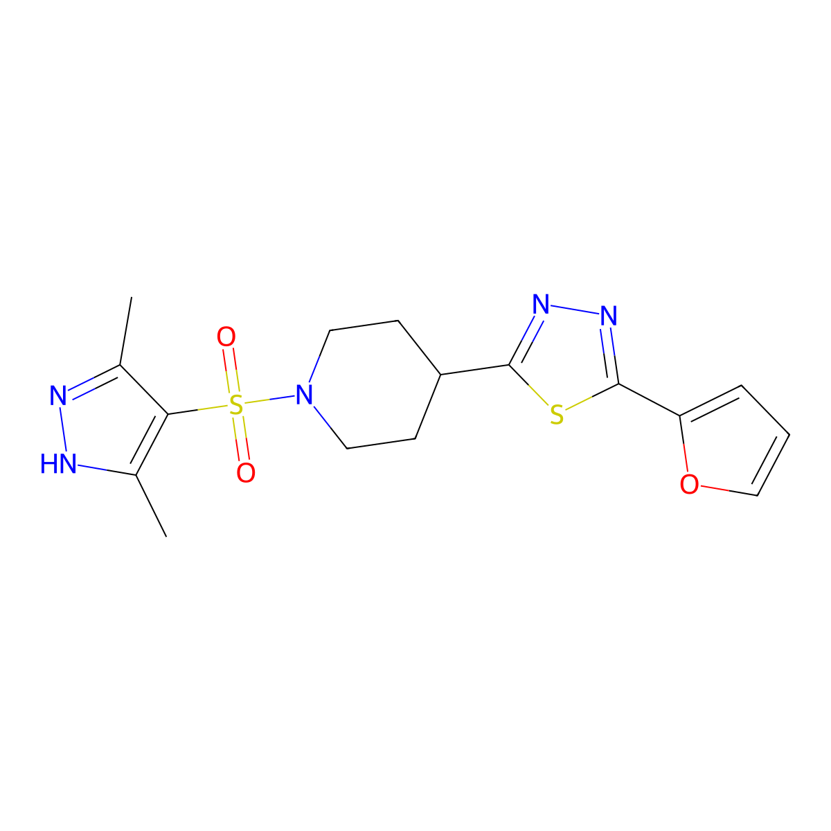 2-(1-((3,5-dimethyl-1H-pyrazol-4-yl)sulfonyl)piperidin-4-yl)-5-(furan-2-yl)-1,3,4-thiadiazole molecular structure, CAS 1189315-57-8