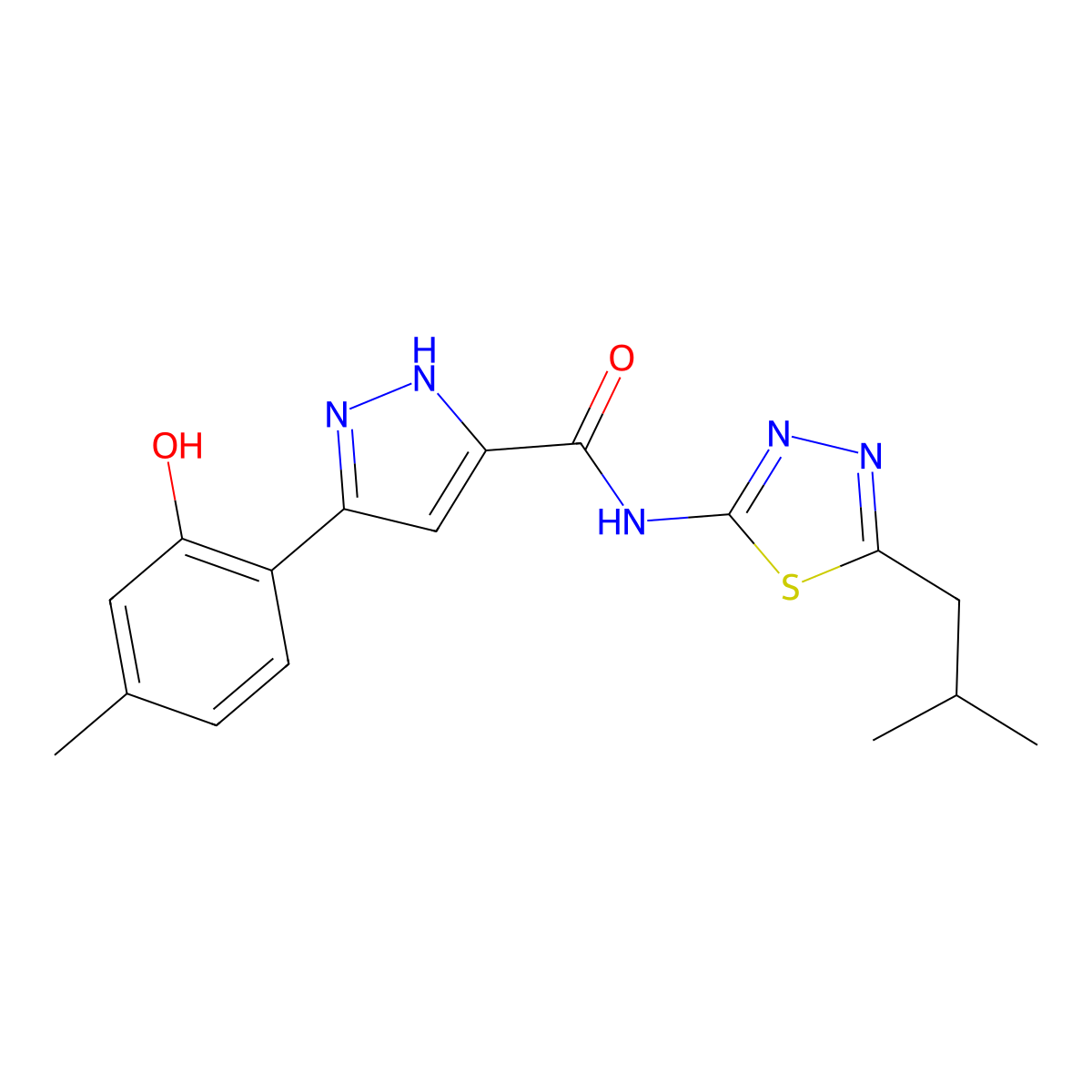3-(2-hydroxy-4-methylphenyl)-N-(5-isobutyl-1,3,4-thiadiazol-2-yl)-1H-pyrazole-5-carboxamide molecular structure, CAS 1189316-22-0