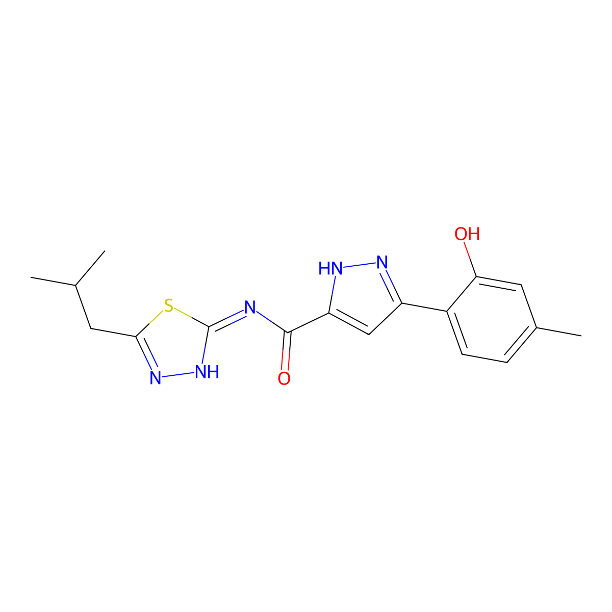 3-(2-hydroxy-4-methylphenyl)-N-(5-isobutyl-1,3,4-thiadiazol-2-yl)-1H-pyrazole-5-carboxamide molecular structure, CAS 1189316-22-0