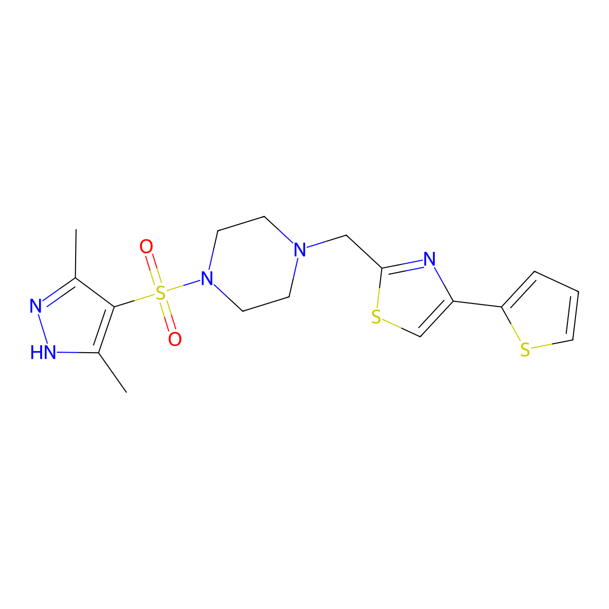 2-((4-((3,5-dimethyl-1H-pyrazol-4-yl)sulfonyl)piperazin-1-yl)methyl)-4-(thiophen-2-yl)thiazole molecular structure, CAS 1189316-23-1