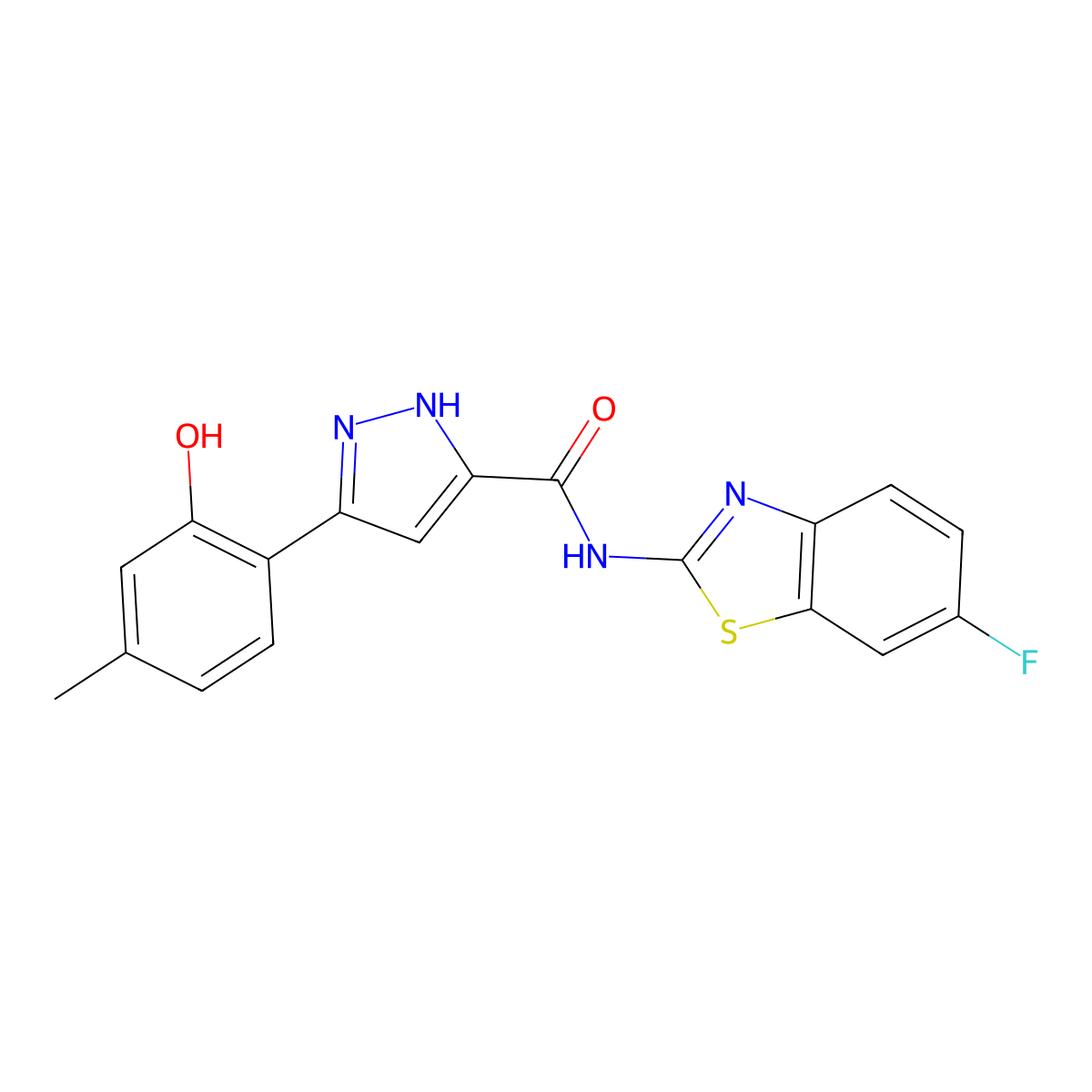 N-(6-fluoro-1,3-benzothiazol-2-yl)-3-(2-hydroxy-4-methylphenyl)-1H-pyrazole-5-carboxamide molecular structure, CAS 1189316-25-3